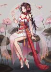  1girl absurdres arm_support bare_shoulders breasts brown_hair cleavage feet flower grey_background highres hyun9164 koi lily_(flower) lily_pad long_hair looking_at_viewer medium_breasts obi original red_eyes sash solo thighs water 