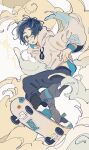  1boy belt blue_eyes blue_footwear blue_hair blush dark_blue_hair highres hood hood_down hoodie long_sleeves male_focus nanataroo_7 original parted_lips patterned patterned_clothing shoes skateboard skateboarding sneakers solo wide_sleeves wristband 