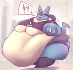  ?! after_transformation ambiguous_gender anthro belly big_belly bodily_fluids clothing furkelpu hi_res kelpu_(artist) lucario moobs morbidly_obese morbidly_obese_ambiguous morbidly_obese_anthro nintendo obese obese_ambiguous obese_anthro overweight overweight_ambiguous overweight_anthro pok&eacute;mon pok&eacute;mon_(species) shirt simple_background solo standing sweat topwear torn_clothing video_games 