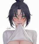  1girl apex_legends arc4na artist_name bangs black_hair blue_eyes blush breasts cleavage clothes_lift eyebrows_visible_through_hair hair_bun medium_breasts mouth_hold parted_bangs shirt shirt_in_mouth shirt_lift signature smile solo white_background white_shirt wraith_(apex_legends) 