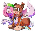  2020 alternate_species anthro atsuko_kagari brand_new_animal brown_body brown_fur brown_hair canid canine clothing cosplay cute_fangs dipstick_tail duo female fur hair hi_res jacket kneeling little_witch_academia mammal marie_itami markings michiru_kagemori mink mustelid musteline open_mouth orange_clothing orange_jacket orange_topwear pink_hair pink_nose raccoon_dog rainblackwolf red_eyes smile studio_trigger sucy_manbavaran tail_markings tanuki topwear true_musteline 