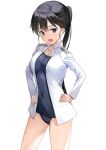  1girl ass_visible_through_thighs black_eyes black_hair blush breasts character_request covered_navel hands_on_hips highres jacket medium_breasts mejina military military_uniform school_swimsuit smile solo swimsuit thighs uniform white_jacket world_witches_series 
