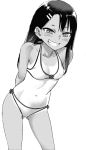  1girl 774_(nanashi) arms_behind_back bikini black_hair blush breasts grin looking_at_viewer medium_breasts nagatoro smile solo standing swimsuit tagme tan tanline 