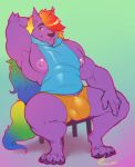  anthro bulge canine clothed clothing hair looking_at_viewer male mammal marlon.cores multicolored_hair muscular muscular_male nipples pecs rainbow_hair sitting smile solo 