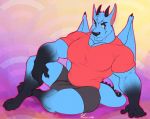  anthro bulge canine clothed clothing dragon horn hybrid looking_at_viewer male mammal marlon.cores muscular muscular_male sitting solo wings 