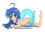  ass barefoot beauty_mark blue_hair feet female flat_chest full_body green_eyes highres innertube izumi_konata long_hair lucky_star mole morino_usagi naked nipples nude soles solo toes undressing white_background 