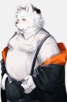  2022 anthro belly big_belly blush bottomwear canid canine clothing fur hat headgear headwear hi_res humanoid_hands kemono kurotero male mammal overweight overweight_male pants shirt simple_background solo suspenders topwear white_body white_fur 