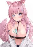  1girl absurdres animal_ear_fluff animal_ears bell between_breasts blue_eyes blush breasts cleavage coyote_ears coyote_girl coyote_tail hair_ornament hakui_koyori highres hololive labcoat large_breasts long_hair navel neck_bell pink_hair solo tears uni_ikura virtual_youtuber 