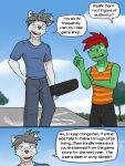  alligator alligatorid anthro bottomwear clothed clothing comic crocodilian dan_(fuze) dialogue diego_abel duo english_text fully_clothed fuze hi_res holding_skateboard male mammal mouse murid murine pants reptile rodent scalie shirt skate_park skateboard t-shirt tank_top texnatsu text topwear 