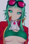  ascot breasts brooch cleavage coat crop_top goggles green_eyes green_hair green_shirt gumi highres ikura_(user_uuyj7743) jewelry looking_down looking_to_the_side red_coat serious shirt short_hair sidelocks underboob vocaloid white_ascot 