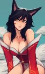  absurd_res ahri_(lol) animal_humanoid big_breasts black_hair blue_background blush breasts canid canid_humanoid canine canine_humanoid cleavage closed_mouth clothed clothed_female clothing curvy_figure dark_hair dress female fox_humanoid hair hi_res humanoid league_of_legends lips looking_up mammal mammal_humanoid raichiyo33 red_clothing red_dress riot_games simple_background sitting smile solo thick_lips thick_thighs video_games white_tail wide_hips yellow_eyes 