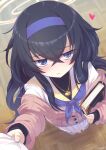  :&lt; black_hair blue_archive blue_eyes blush book commentary_request floor hair_between_eyes halo headband jewelry krono_tokage necklace pov school_uniform signature sweater tucking ui_(blue_archive) 