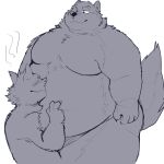  2022 absurd_res anthro belly big_belly blush canid canine duo embrace hi_res hug humanoid_hands kangarogon kemono male mammal moobs obese obese_male overweight overweight_male simple_background size_difference 