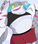  abs anthro blush clothed clothing clothing_lift colored_nails fish grey_body heterochromia kimagu_02 male marine muscular muscular_anthro muscular_male nails naughty_face pecs plushie shark shirt shirt_lift topwear underwear 