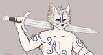  armpit_hair athletic bare_chest blue_markings body_hair broadsword canid canine canis deego domestic_dog ears_up fur fuzzy hair hi_res holding_object holding_weapon male mammal markings melee_weapon nipples serious_face solo solo_focus sword upper_body warpaint weapon white_body white_fur 
