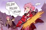  1girl 2boys ^_^ armor axe battle blush breasts cheering cleavage closed_eyes embarrassed english_commentary fire_emblem fire_emblem:_three_houses fire_emblem_warriors:_three_hopes freikugel_(weapon) gloves hilda_valentine_goneril holding holding_axe holding_sword holding_weapon holst_goneril lilac_knight multiple_boys pink_eyes pink_hair speech_bubble sword watermark weapon 