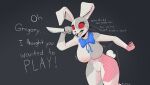  anthro big_breasts blue_bow_tie bouncing_breasts bow_tie breasts buckteeth butt cotton_tail dialogue eyelashes female five_nights_at_freddy&#039;s floppy_ears genitals grey_background grey_body holding_knife holding_object holding_weapon inverted_nipples knife lagomorph leporid mammal nipples open_mouth patch_(fabric) pussy rabbit red_eyes red_sclera scottgames seam_(sewing) side_butt simple_background solo stitch_(sewing) teeth text thick_thighs vanny_(fnaf) video_games weapon whiskers white_body wide_hips zhenai 