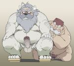  2022 anthro balls beard belly big_belly bulge censored clothing dragon_quest duo erection eyewear facial_hair footwear genitals glasses hi_res human human_on_anthro humanoid_hands interspecies kemono male male/male mammal mature_male moobs mustache nipples overweight overweight_male penis rab_(dragon_quest) sandals square_enix taro_heppoko ursid video_games 