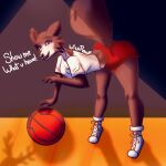  1:1 anthro ball basketball_(ball) beastars bottomwear butt canid canine canis clothing female footwear hi_res juno_(beastars) louis_(beastars) mammal red_bottomwear red_clothing red_shorts shirt shoes shorts smile solo topwear white_clothing white_footwear white_shirt white_shoes white_topwear wiwirawr wolf 