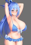  1girl aqua_(konosuba) armpits arms_up bangs bikini blue_bikini blue_eyes blue_hair blush breasts cleavage collarbone eyebrows_visible_through_hair grey_background hair_between_eyes hair_bobbles hair_ornament hair_rings highres huge_breasts kisaragi_nana kono_subarashii_sekai_ni_shukufuku_wo! long_hair looking_at_viewer navel simple_background smile solo swimsuit thighs 