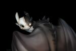  2022 black_background black_body dragon dreamworks feral hi_res how_to_train_your_dragon light lighting looking_at_viewer looking_back looking_back_at_viewer membrane_(anatomy) membranous_wings night_fury scalie shaded signature simple_background solo spikes spuydjeks western_dragon white_body wings 