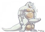  alligator alligatorid anthro balls barazoku belly big_balls big_penis crocodilian dripping genitals himbo male mikeowolee milk monster musclegut muscular nipples penis red_eyes reptile scalie solo tongue tongue_out 