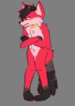  afo anthro black_feet black_hands black_head_tuft black_tail blush canid canine cheek_tuft collar crossed_arms demontartzz facial_tuft fox fur hi_res knees_together looking_aside male mammal red_body red_fur solo tuft yellow_collar 