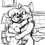  1:1 2022 anthro athrasil_(character) bed bedroom breasts canid canine canis cervid clothing cuddling digital_drawing_(artwork) digital_media_(artwork) duo esma_(gooeykazoo) female fluffy fluffy_tail fox furniture gaze gazing gooeykazoo hi_res hybrid lamp male male/female mammal monochrome nightstand picture_frame red_fox sketch undressing unfinished wolf 