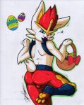  anthro balls basket butt cinderace container easter easter_basket easter_egg fur genitals hi_res holidays male nintendo open_mouth pok&eacute;mon pok&eacute;mon_(species) rotten_owl simple_background solo traditional_media_(artwork) video_games white_background white_body white_fur 