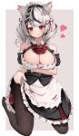  1girl absurdres animal_ears arm_under_breasts black_hair bow bowtie breasts cat_ears cleavage clothes_lift commentary_request corset detached_sleeves ear_piercing frilled_shirt frilled_skirt frilled_sleeves frills hair_ornament highres hololive kirishe1101 kneeling large_breasts lifted_by_self maid_headdress multicolored_hair nail_polish pantyhose piercing red_bow red_bowtie red_eyes sakamata_chloe shirt short_sleeves silver_hair skirt skirt_lift smile solo streaked_hair virtual_youtuber wrist_cuffs x_hair_ornament 