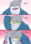  anthro blush embarrassed fish flustered green_eyes grey_body kimagu_02 male marine shark sharp_teeth smile solo teeth 