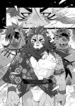  anthro asian_clothing beads blindfold bovid bovine cattle clothing comic doujinshi east_asian_clothing equid equine felid fundoshi group horse japanese_clothing japanese_text jewelry kensan lion looking_at_viewer male mammal monochrome muscular muscular_male necklace pantherine pubes smile tattoo text trio underwear 