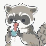  2022 black_eyes black_nose chibi dot_eyes drinking feral grey_body mammal procyonid raccoon simple_background solo tongue tongue_out water white_body yencatx 