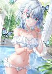  1girl aqua_eyes bangs bare_shoulders blush braid bug butterfly collarbone flower frilled_swimsuit frills hair_flower hair_ornament highres kyariko looking_at_viewer medium_hair original pool solo standing standing_on_liquid sunlight swimsuit water white_swimsuit 