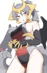  1girl bangs black_gloves blush breasts claws elbow_gloves from_below gaeguribanchan giratina gloves grey_hair hair_between_eyes headgear highres large_breasts leotard long_hair looking_to_the_side personification pokemon ponytail red_eyes sideboob simple_background solo sweat tail white_background wings 