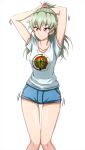  1girl adjusting_hair anchovy_(girls_und_panzer) bangs blush breasts collarbone denim girls_und_panzer highres jeans light_green_hair long_hair omachi_(slabco) orange_eyes pants shirt short_shorts short_sleeves shorts smile solo t-shirt thighs white_background 