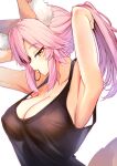  1girl animal_ears armpits bangs blush breasts cleavage commentary_request covered_nipples eyebrows_visible_through_hair eyelashes eyeliner fate/extra fate/extra_ccc fate/grand_order fate_(series) fox_ears fox_girl fox_tail hair_between_eyes highres large_breasts looking_at_viewer makeup orange_hair pink_hair see-through_silhouette solo tail tamamo_(fate) tamamo_no_mae_(fate/extra) tank_top tying_hair wisespeak yellow_eyes 