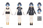  absurdres aonikuro bangs black_hair blush bracelet breasts character_sheet choker closed_eyes highres jacket jewelry long_shirt loose_clothes loose_shirt medium_breasts off_shoulder original shirt shoes short_hair simple_background smile sneakers standing white_background 