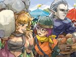  2girls ayla_(chrono_trigger) blonde_hair breasts cape chrono_trigger earrings glasses gloves highres jewelry long_hair lucca_ashtear magus_(chrono_trigger) multiple_girls open_mouth pointy_ears purple_hair smile 