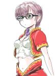  1girl breasts chrono_cross chrono_trigger cosplay crop_top glasses jewelry kid_(chrono_cross) lucca_ashtear midriff navel necklace purple_hair s-a-murai short_hair simple_background solo white_background 