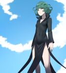  1girl bangs black_dress blue_sky breasts closed_mouth cloud covered_navel curly_hair dress frown green_eyes green_hair highres jourd4n long_sleeves looking_at_viewer one-punch_man short_hair sky small_breasts solo tatsumaki 