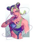  1girl braid breasts character_name double_bun green_eyes green_hair green_lips halter_top halterneck highres jojo_no_kimyou_na_bouken kujo_jolyne medium_breasts multicolored_hair single_braid solo stone_ocean string toned two-tone_hair upper_body zoo_(oukakumaku) 