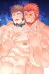  2boys abs bara beard belt_collar blue_eyes brown_hair collar completely_nude cross_scar drooling facial_hair fate/grand_order fate_(series) goatee grabbing groping highres holding_hands interlocked_fingers iskandar_(fate) large_pectorals long_sideburns male_focus mature_male multiple_boys muscular muscular_male napoleon_bonaparte_(fate) nipple_piercing nipples nude obliques out-of-frame_censoring pectoral_grab pectorals piercing red_eyes red_hair scar scar_on_chest short_hair sideburns stomach trembling ushio_takigawa yaoi 