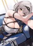  1girl bangs braid breasts cleavage commentary_request couch green_eyes grey_hair hairband highres hololive huge_breasts knight large_breasts looking_at_viewer mole mole_on_breast niii_(memstapak) shirogane_noel short_hair solo solo_focus virtual_youtuber 