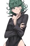  1girl bangs black_dress breasts closed_mouth covered_navel crossed_arms curly_hair dress finger_to_own_chin green_eyes green_hair highres jourd4n long_sleeves looking_at_viewer medium_breasts one-punch_man short_hair smile solo tatsumaki thighs white_background 