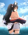  1girl animal_ear_fluff animal_ears back bangs bikini black_hair blue_sky blush closed_mouth day flipped_hair from_behind high_ponytail highres hololive jacket kaeru-taro long_hair looking_at_viewer looking_back multicolored_hair ookami_mio outdoors partially_submerged red_hair short_shorts shorts sky smile solo standing streaked_hair swimsuit tail tail_around_leg tail_wrap very_long_hair virtual_youtuber wet wolf_ears wolf_girl wolf_tail yellow_eyes 