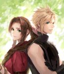  11mtri 1boy 1girl aerith_gainsborough armor back-to-back bangs blonde_hair blue_eyes bracelet braid braided_ponytail brown_hair cloud_strife crossed_arms final_fantasy final_fantasy_vii final_fantasy_vii_remake flower_basket green_background green_eyes hair_over_shoulder hair_ribbon jacket jewelry parted_bangs parted_lips pink_ribbon red_jacket ribbon shoulder_armor sidelocks sleeveless sleeveless_turtleneck spiked_hair square_enix suspenders turtleneck upper_body 