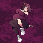  1:1 3/4_view arm_support belly bent_leg big_belly big_breasts big_butt big_eyes black_bottomwear black_clothing black_footwear black_legwear black_skirt black_socks black_thigh_highs black_thigh_socks blush blush_lines bottomwear breasts butt cel_shading chubby_female clothed clothed_female clothing colored_nails digital_drawing_(artwork) digital_media_(artwork) eyebrow_through_hair eyebrows female fingers footwear full-length_portrait fully_clothed fully_clothed_female hair humanoid knee_bent legwear light lighting lips long_sleeve_shirt long_sleeved_shirt long_sleeves looking_at_viewer nails not_furry off_shoulder one_eye_closed overweight overweight_female portrait purple_background purple_clothing purple_hair purple_topwear raised_eyebrow raised_leg rim_light rim_lighting s.gossamer selma_heather_bishop shaded shoes signature simple_background simple_eyebrows simple_eyes simple_face skirt smile smiling_at_viewer sneakers socks solo thick_bottom_lip thick_eyebrows thick_thighs thigh_highs thigh_socks three-quarter_portrait three-quarter_view toony topwear translucent translucent_hair white_sneakers wide_hips wink winking_at_viewer 