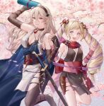  2girls :d ai_tkkm alternate_costume bangs bare_shoulders black_choker black_gloves black_hairband blonde_hair breasts cape choker cleavage corrin_(fire_emblem) corrin_(fire_emblem)_(female) elbow_gloves elise_(fire_emblem) eyebrows_visible_through_hair fingerless_gloves fire_emblem fire_emblem_fates fire_emblem_heroes gloves hair_between_eyes hairband highres holding holding_hands holding_scroll japanese_clothes long_hair looking_at_viewer multicolored_hair multiple_girls ninja official_alternate_costume pointy_ears purple_eyes red_eyes sandals scroll sheath sheathed siblings silver_hair sisters sleeveless smile sword twintails two-tone_hair weapon 