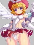  1girl angel_wings armlet armor armored_dress asymmetrical_wings backless_outfit bangs bare_legs bare_shoulders blonde_hair bracer breastplate breasts cameltoe closed_mouth commentary_request covered_nipples crotch_seam groin hat highres karamiso222 laila_(queen&#039;s_blade) mechanical_wings medium_breasts no_bra panties purple_eyes queen&#039;s_blade queen&#039;s_blade_rebellion revealing_clothes short_hair sideboob sideless_outfit skirt smile solo underwear white_panties wind wind_lift winged_hat wings 